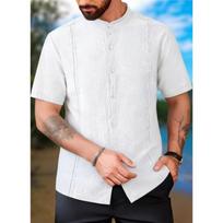 Men Mandarin Collar Short Sleeve Button Down Shirt With Cutout Detail S balta