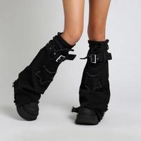Versatile Black Star Denim Leg Warmers - Flared Lace-Up Mid-Calf Socks One Size juoda