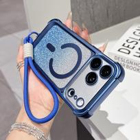 Glitter Magnetic Phone Case with Wrist Strap for IPhone 13 14 15 16 17 Pro Max Plus Protective Cover Bling Hard Slim Thin iPhone Air mėlyna