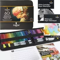 Castle Art Supplies 60 dalių medinių akvarelinių pieštukų rinkinys su priedais, 48 spalvos