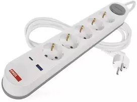 Ilgiklis 5 lizdų 3m su jungikliu 1.5 mm2 1×USB-A + 1×USB-C baltas EMOS