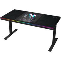 Dual-motor sit/stand adjustable-height gaming desk with built-in PC case, wireless charger, RGB lighting, control panel, and USB ports, PB melamine surface tabletop, black.