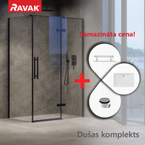 Dušo kabinų komplektas RAVAK SET27 Dušo durys COSD1-90 juodos, stiklas + Dušo siena COPS-100 juoda + Padėklas Gigant Pro