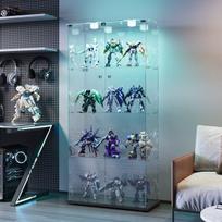 Stiklinė vitrina su LED apšvietimu ir 4 lygių lentynomis, grūdinto stiklo kolekcinių daiktų vitrina, 163x78,5x35cm, juodas pagrindas