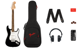 Squier Elektrinės gitaros komplektas Fender Affinity Strat + Mustang Micro + HD9, juoda