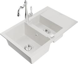 Mexen Gaspar granitinė 1,5 skyrių plautuvė su nuotėkio lataku ir virtuviniu maišytuvu Carla, balta - 6507-20-670700-00, 737x475x177 mm
