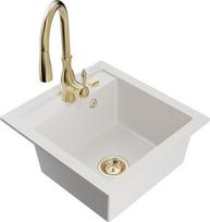 Mexen Vito vienos komoros granito kriauklė su virtuvės maišytuvu Savita, balta - 6503-20-672601-50, 520x490x210 mm