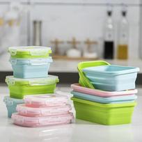 4 dydžių sulankstomas silikoninis maisto indelis, nešiojami bento indai, pietų dėžutė, tinkama mikrobangų krosnelėje, namų virtuvėje, lauko maisto laikymui 350ml rožinė