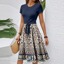 Women's Casual Fashion Belted Vintage Printed Short Sleeve Round Neck Elegant Dress XXL
