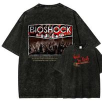 Vintage Washed Oversized Short-Sleeve T-Shirt Featuring BioShock Rapture City Skyline,  Would You Kindly  Wrench Graphic and Narrative Text Print L black
