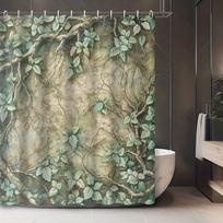 Vintažinė gėlių ir sauso medžio šakos dušo užuolaida - Žalių lapų raštas, 12 kabliukų W90XH180cm gray