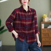 Women Point Collar Plaid Flannel Full Button Long Sleeve Casual Shirt Three Colors Available M raudona