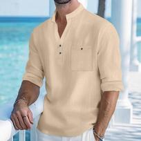 Men Mandarin Collar Half Placket Chest Pocket Linen Blend Long Sleeve Shirt S smėlis