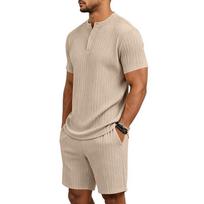 Men Twisted Textured Henley Neck Half Button Short Sleeve Top & Drawstring Pocket Shorts Two Piece Set S chaki