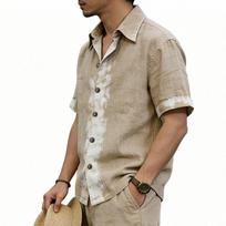 Men Ink Wash Brushstroke Print Lapel Full Button Short Sleeve Casual Shirt S chaki
