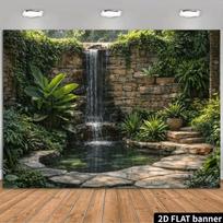 2D Rustic Rock Courtyard Fountain Backdrop Lush Foliage Nature Decor Background Cloth 47.2x31.5inch/120*80cm