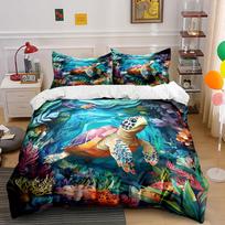 Turtle Swimming Through Colorful Coral Reef Printed Duvet Cover Set1 Duvet Cover+2 Pillowcasemulti Size Bedroom Bedding Decor EU Twin 135X200cm&set