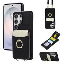 Kryžinė apyrankė Litchi odos kortelės laikiklis dėklas Samsung S26 Ultra S25 S24 Plus S23 A27 A17 spalvų blokavimas smūgiams atsparus dangtelis Galaxy S22 Ultra 5G juoda