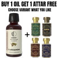 Kardamono eterinis aliejus 10 ml aromaterapijai ir namų kvapui su nemokamu 6 ml Attar – Aqua AQ, Dubai Oud, Aura, White Oud