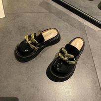 Platform Mule For Women  Slippers Loafer Chunky Golden Chains Leather Pearl Loafer Thick Bottom Ladies  Sandals 35