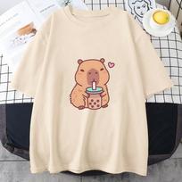 Capybara Loves Drinking Bubble Tea Marškinėliai 100 % medvilnė Vasariniai rūbai Kasdieniai moteriški/vyriški Kawaii marškinėliai Mieli mergaičių marškiniai mada S chaki