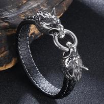 Classic Animal Norse Viking Double Wolf Head 316L stainless steel Men's Leather Bracelet Fashion Punk Jewelry Pulseras 23cm kava