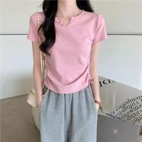Women Notch Neck Side Drawstring Cropped Short Sleeve T-shirt M rožinė
