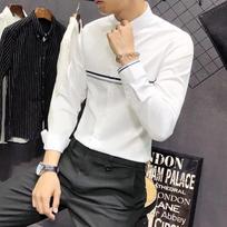 Men Point Collar Full Button Contrast Striped Chest Half Sleeve Slim Dress Shirt M balta