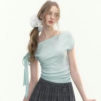 Women One Shoulder Tie Side Ruched Rhinestone Letter Short Sleeve Fitted Top S šviesiai žalios spalvos