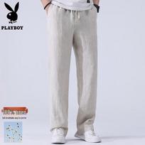 PLAYBOY Men's Linen Casual Straight-Leg Pants S šviesios chaki spalvos
