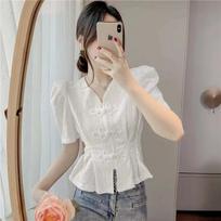 Women White Lace Blouse With Frog Buttons And Puff Sleeves S balta