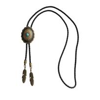 Ethnic Style Turquoise Bolo Tie PU Woven Rope Brass Carved Flowers Necktie  Women Style 2