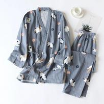 Japanese Kimono Pajamas Ladies Couple Thin Spring and Summer Cardigan Home Service Comfortable Suit S mėlyna
