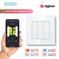 BSEED Zigbee užuolaidų/šviesos/ritininių žaliuzių jungiklių serija Sieniniai išmanieji paspaudžiami jungikliai Žaliuzių geltonas foninis apšvietimas Stiklinis rėmelis Tuya APP jungiklis White&EU standard