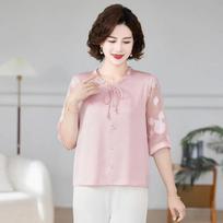 Women Chinese Style Tie V Neck Half Sleeve Chiffon Blouse XL rožinė