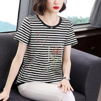 Women Round Neck Horizontal Stripe Dandelion Embroidery Short Sleeve Casual T-shirt M balta