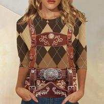 Women's Casual Three Quarter Sleeve Oktoberfest Print Round Neck Top Lightweight Comfortable Fit Soft Fabric Shirt for Everyday Wear S ruda