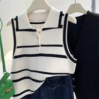 Women Polo Collar Half Button Black White Striped Sleeveless Knit Vest S balta