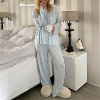 Women Light Blue Floral Print Long Sleeve Pajama Two Piece Set S mėlyna