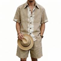 Men Brushstroke Print Lapel Short Sleeve Shirt & Drawstring Waist Shorts Two Piece Set S chaki