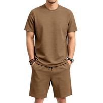 Men Ribbed Knit Crew Neck Short Sleeve Top & Drawstring Pocket Shorts Two Piece Set S ruda