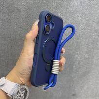 Wrist Strap Matte Clear Magnetic For Magsafe Holder Stand Case For iPhone 17 15 11 12 13 14 16 Pro Max Plus Lens Glass Cover For iPhone 12 Pro&Case & Strap tamsiai mėlyna spalva