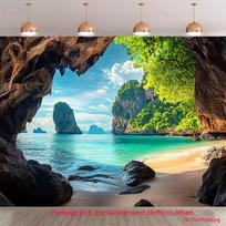 2D Natural Cave Arch Phuket Limestone Cliff Island Turquoise Beach Backdrop Tropical Wall Tapestry 47.2x31.5inch/120*80cm