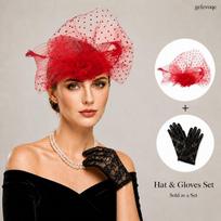 2Pcs Womens Polka Dot Veil Fascinator Hat and Lace Gloves Set for Tea Party Wedding 2pcs raudona
