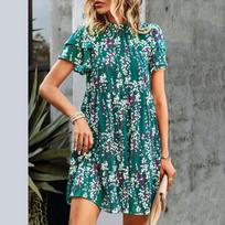 Bohemian Women Summer Loose Above Knee Short Sleeve One Piece Floral Printed Chiffon Casual Dress S