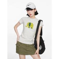 Women Cute Line Texture Elephant Graphic Crew Neck Slim Fit Short Sleeve T-shirt S pilka spalva