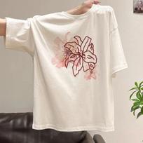 Women Embroidered Lily Floral Watercolor Print Crew Neck Loose Short Sleeve T-shirt M balta