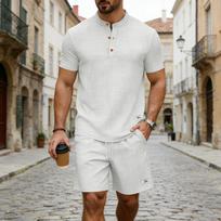 Men Mandarin Collar 3 Button Half Placket Linen Textured Short Sleeve Shirt With Cuff Buttons S balta