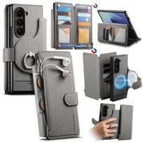 Magnetic Zipper Cards Solt Wallet Flip Leather Phone Case For Samsung FOLD 7 6 5 4 3 Ring Holder Pocket Book kickstand Cover Galaxy Z Fold7 pilka spalva