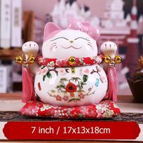 Cartoon Maneki Neko Oranment Ceramic Lucky Cat Figurine Pink BOW-TIE Fortune Cat Statue Home Decorative Money Box Piggy Bank